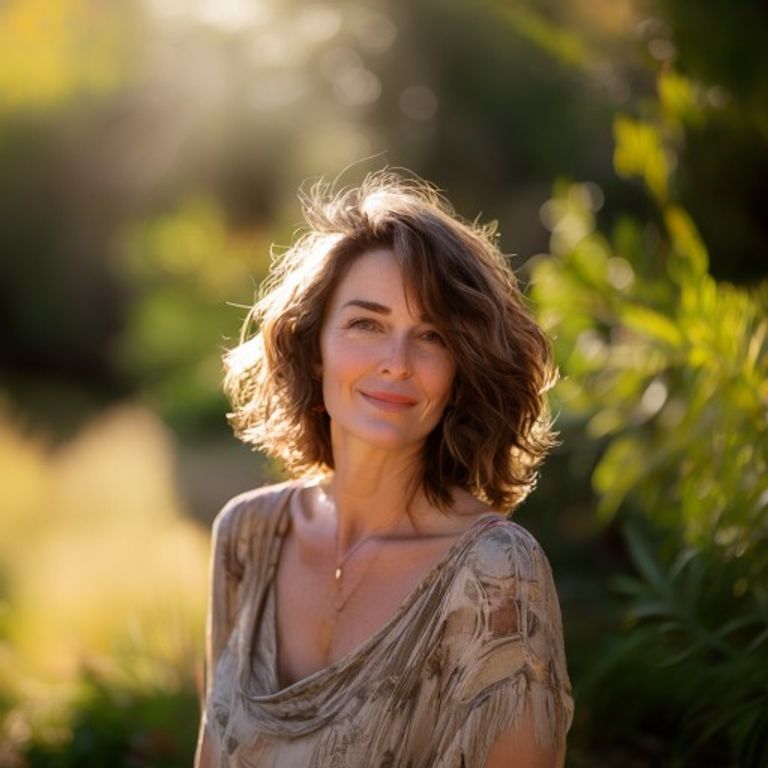 Confident woman with warm smile in sunlit garden