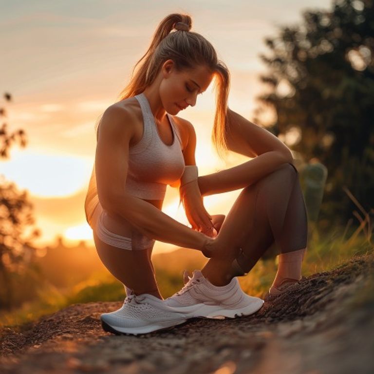 Active woman lacing running shoes at sunset