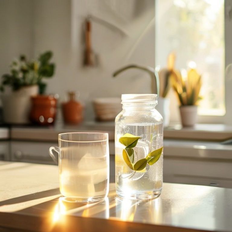 Probiotic supplement bottle and water glass on kitchen counter