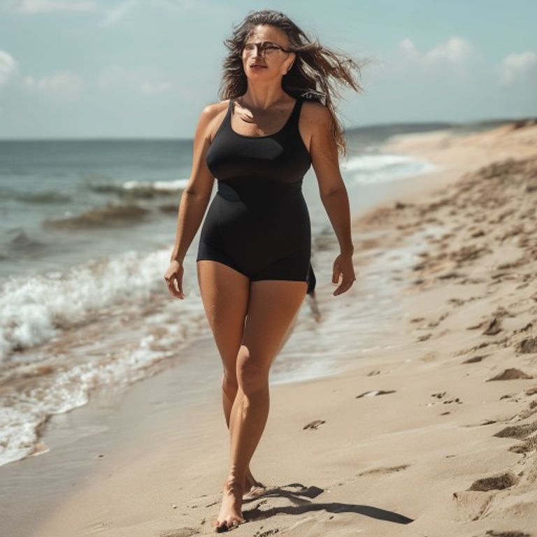 Woman walking on beach in modest one-piece swimsuit