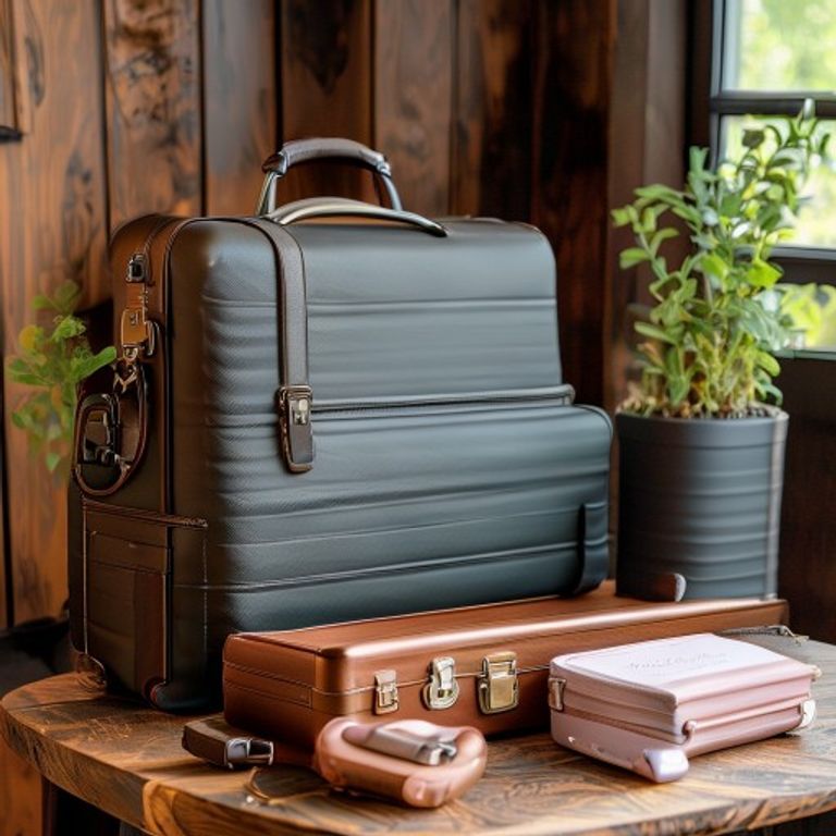 Stylish travel kit and suitcase on wooden table