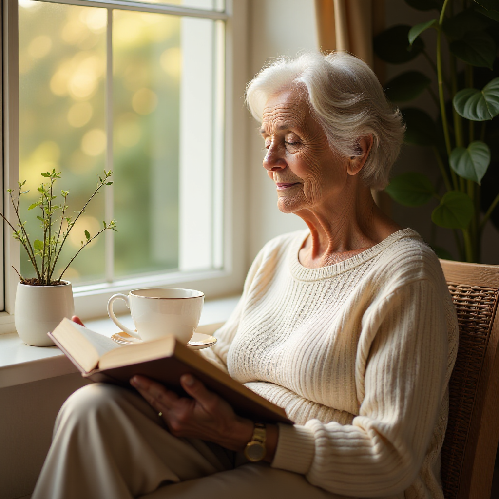 Peaceful woman reading by sunny window with coffee