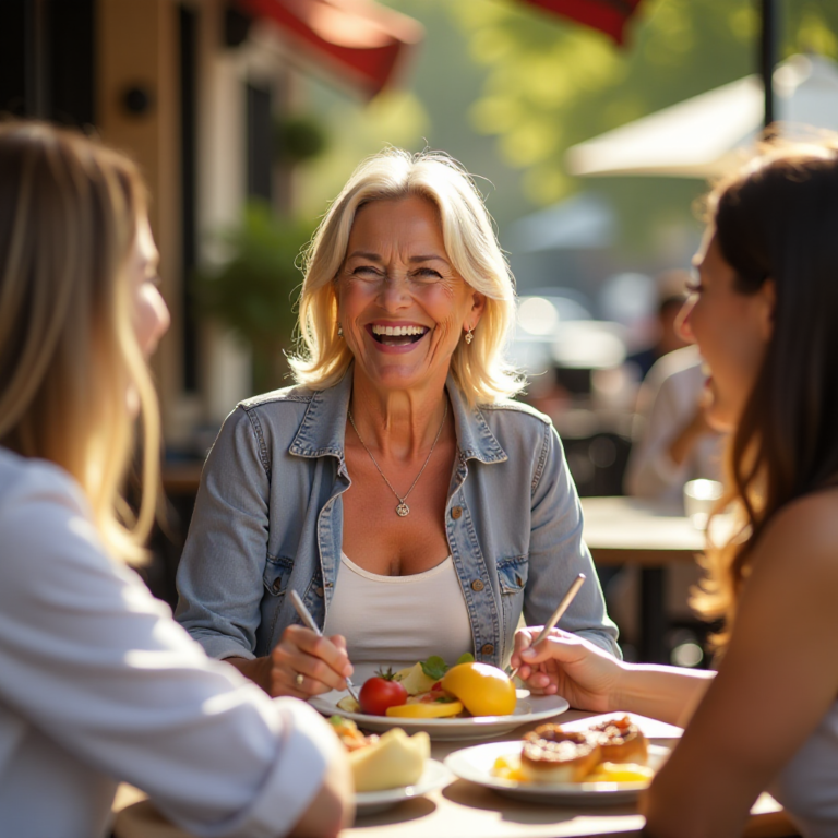 Confident woman laughing with friends at brunch