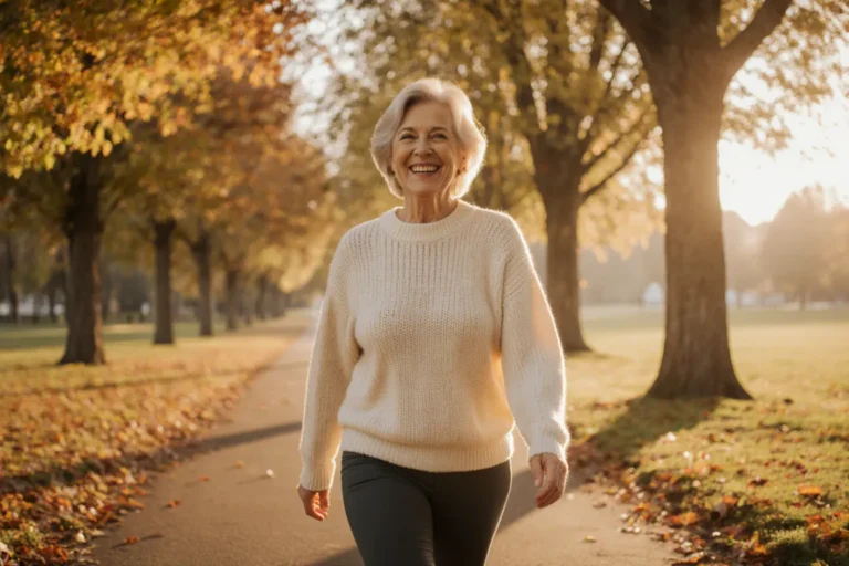 Cheerful older woman walking in a sunlit park — parastomal hernia prevention through daily movement