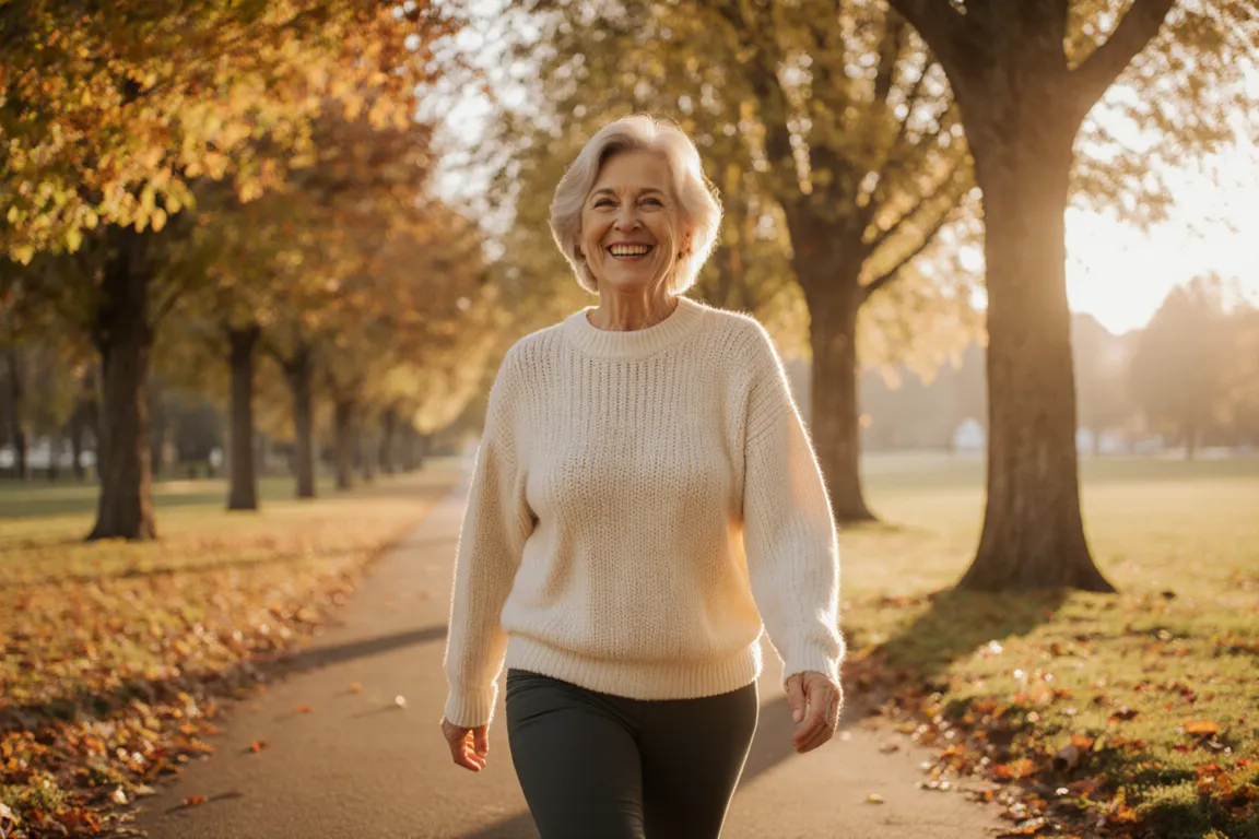 Cheerful older woman walking in a sunlit park — parastomal hernia prevention through daily movement