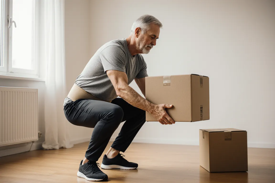 Middle-aged man demonstrating proper squat-lifting technique, holding a cardboard box close to his body with knees bent and back straight