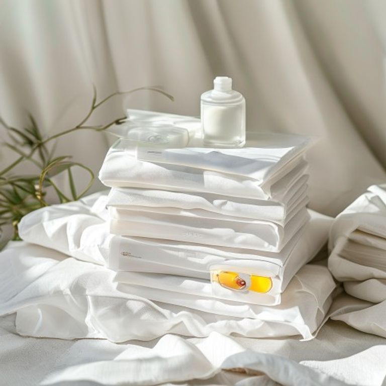 Stack of medical pouches on linen