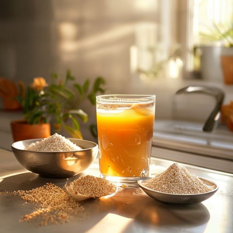 Glass of fiber drink and bowls of psyllium powder