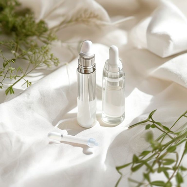 Small dropper bottles and ostomy supplies on white linen
