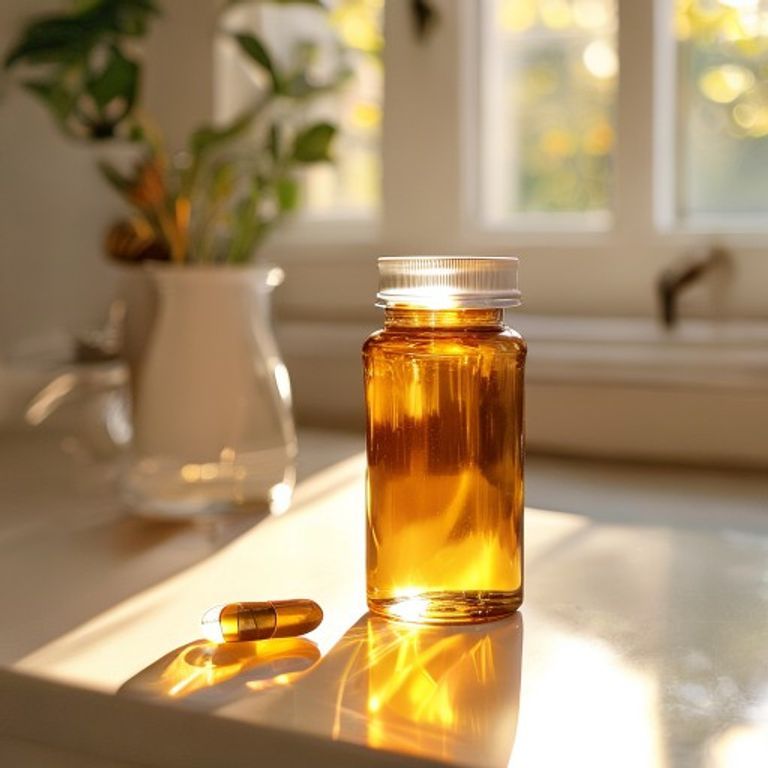Amber pill bottle on bright kitchen counter