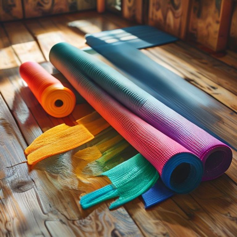 Colorful resistance bands and yoga mats on wood floor