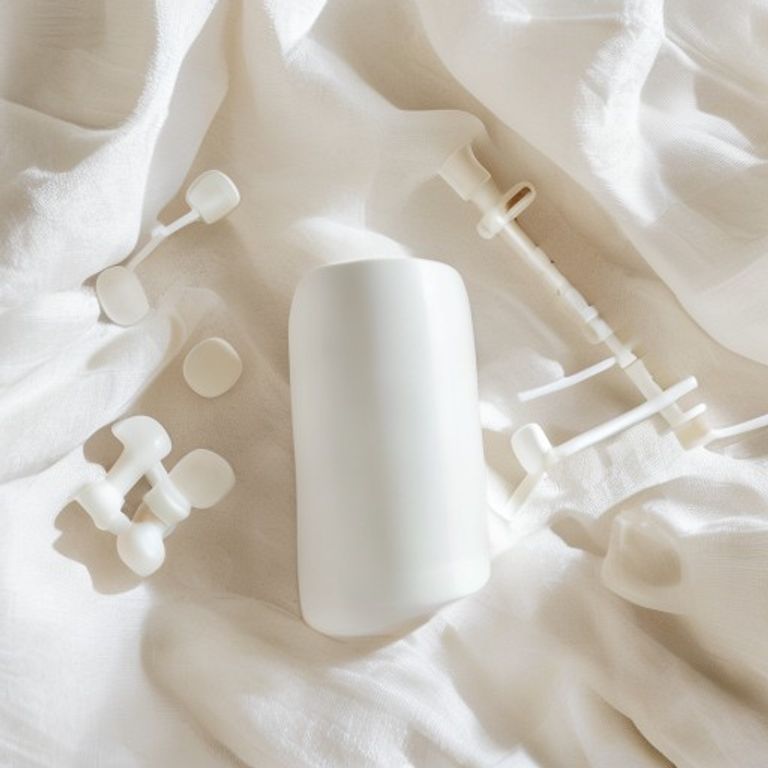 Small white powder bottle and ostomy supplies on linen