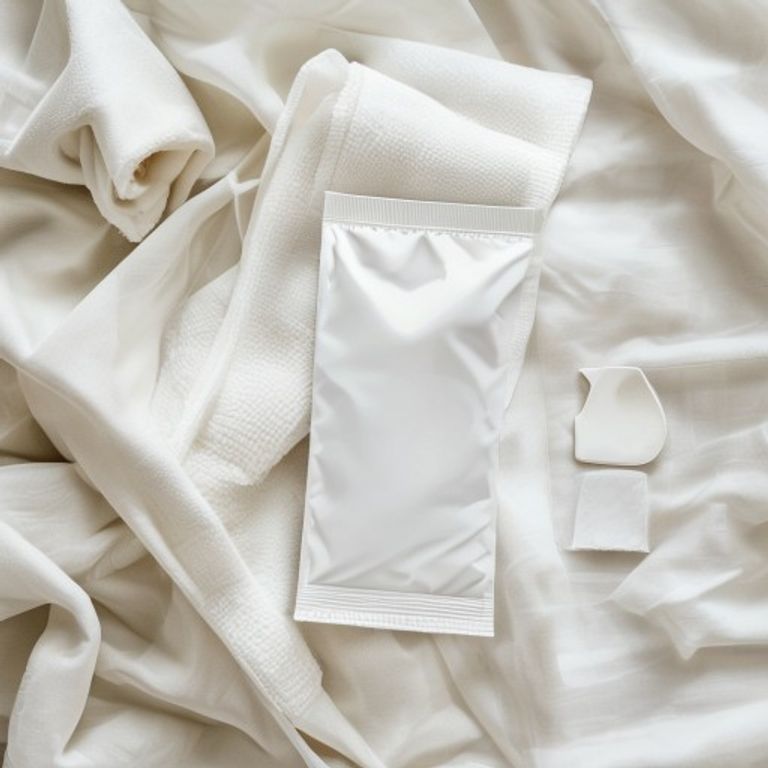 Medical wipes packet on white linen flatlay