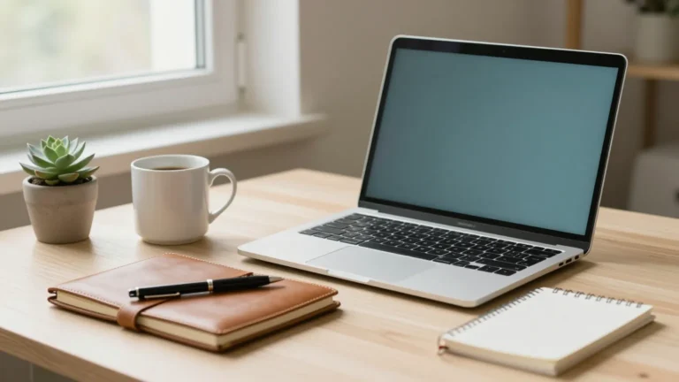 Calm morning desk with coffee, notebook, and laptop for confident return to work after ostomy