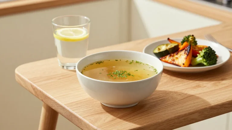 Nourishing bone broth and roasted vegetables for gentle eating reset after ostomy surgery
