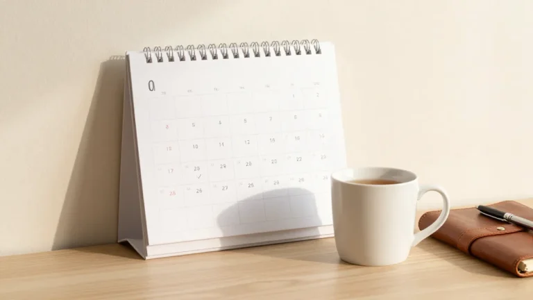 Calendar with check marks beside tea and journal representing steady progress in the first 30 days with an ostomy