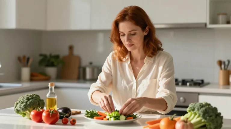 A woman in her kitchen arranging colorful vegetables on a plate, representing thoughtful meal building for an ileostomy diet