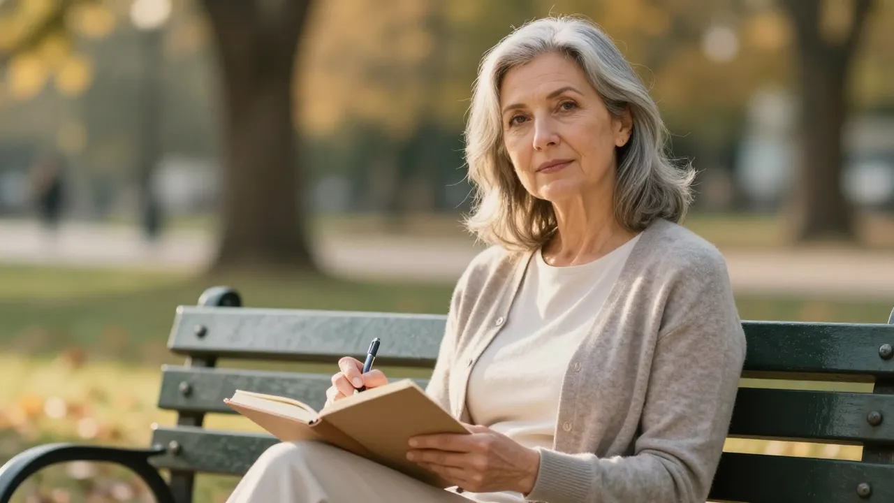 A woman taking notes on a park bench, representing thoughtful research into ileostomy vs colostomy decision