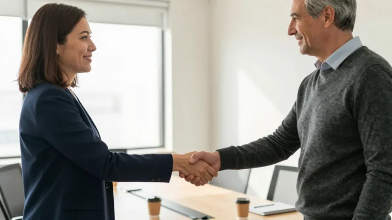 Two professionals confidently shaking hands after a meeting, representing quiet ostomy management at work