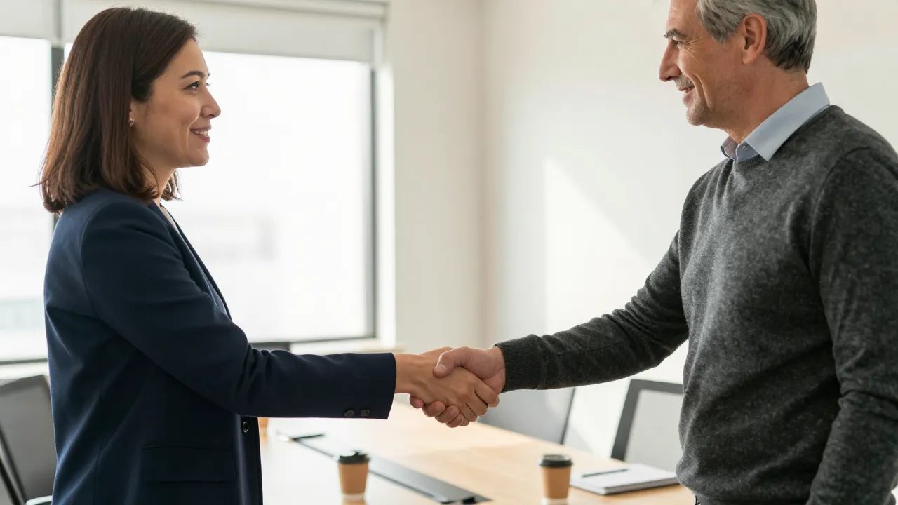 Two professionals confidently shaking hands after a meeting, representing quiet ostomy management at work