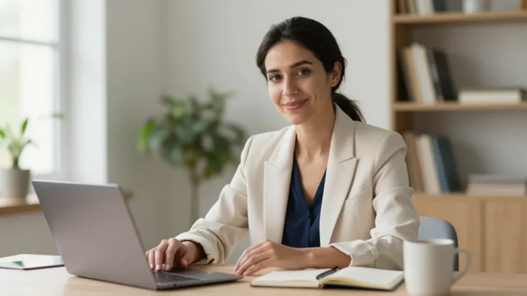 A confident woman at a home office desk on a video call, representing professional life with controlled ostomy noise