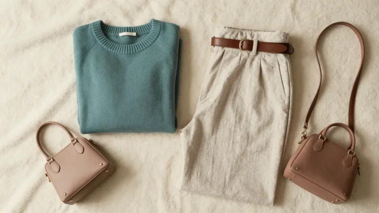 Flat lay of folded clothing showcasing ostomy-friendly wardrobe choices