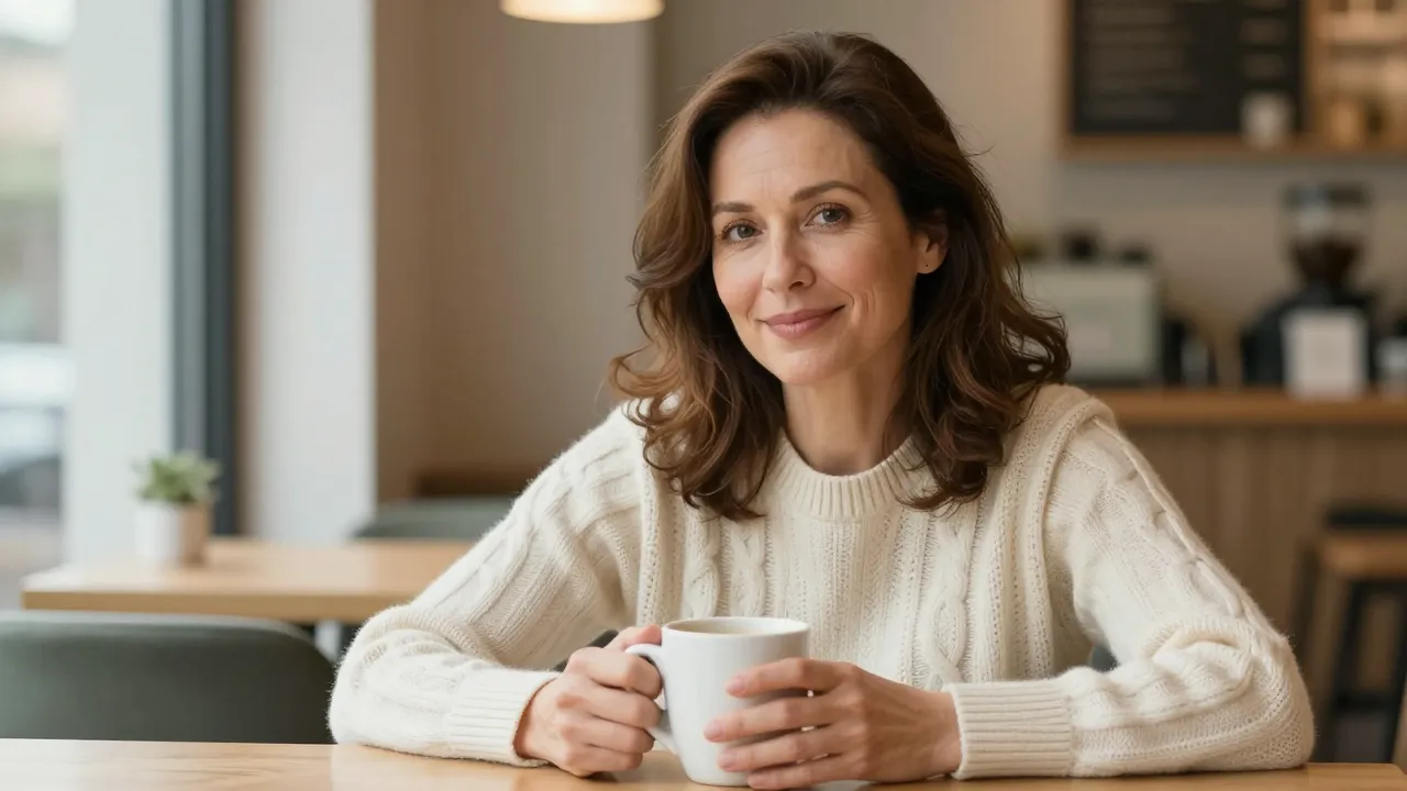 A woman at a café smiling confidently, representing quiet daily life with controlled stoma noise