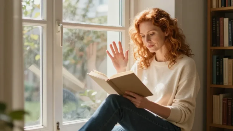 A woman reading peacefully by a sunny window, representing daily life with a quiet ostomy setup