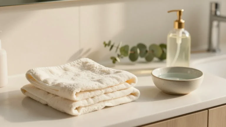Calm bathroom counter with cotton washcloths and gentle cleanser for stoma skin care routine