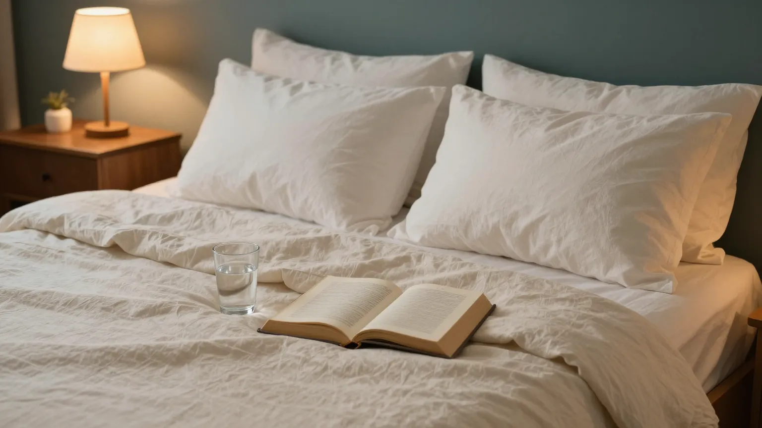 Peaceful bedroom with made bed and warm lamplight for restful sleep with an ostomy