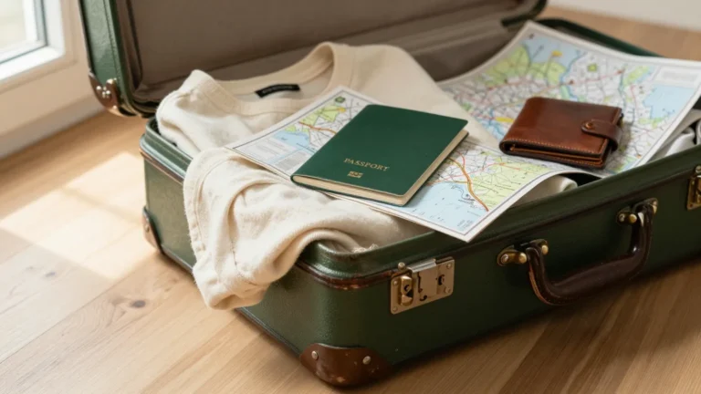 Open suitcase with passport and travel essentials for confident first trip with ostomy