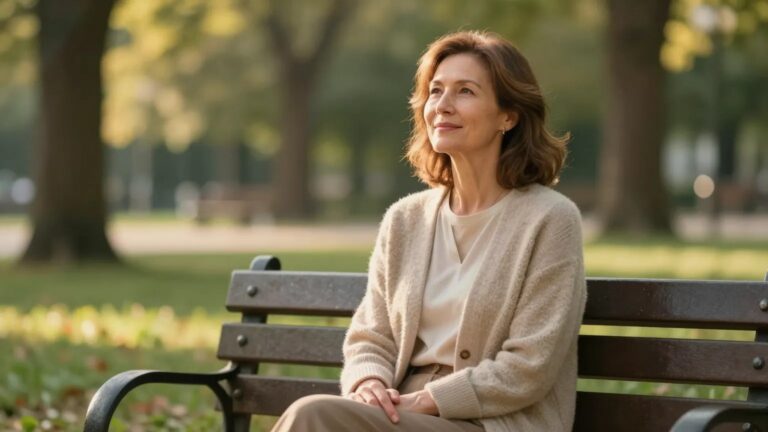 A woman on a sunny park bench, hopeful and at peace after recovery
