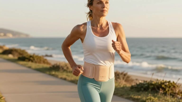 Active woman jogging confidently along a coastal path, wearing an ostomy system that lets her move freely