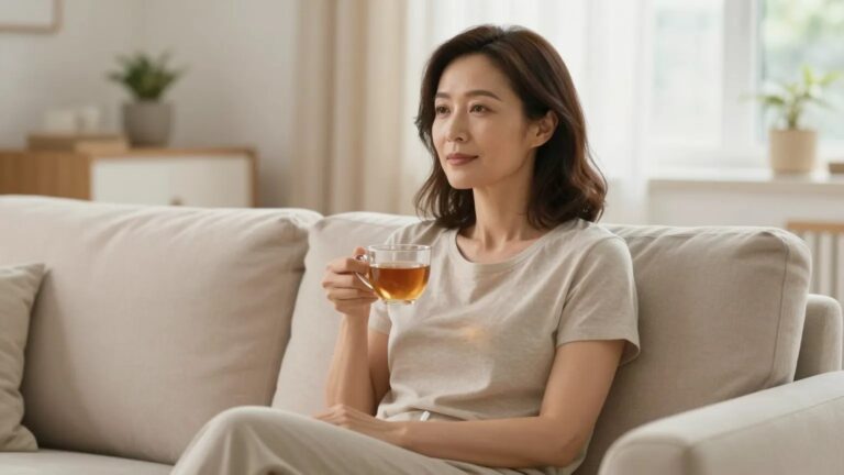 A calm woman with tea at home after solving her ostomy leak issue