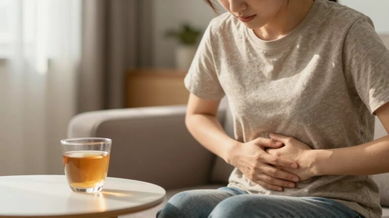 Person at home assessing ostomy blockage symptoms with warm liquid nearby