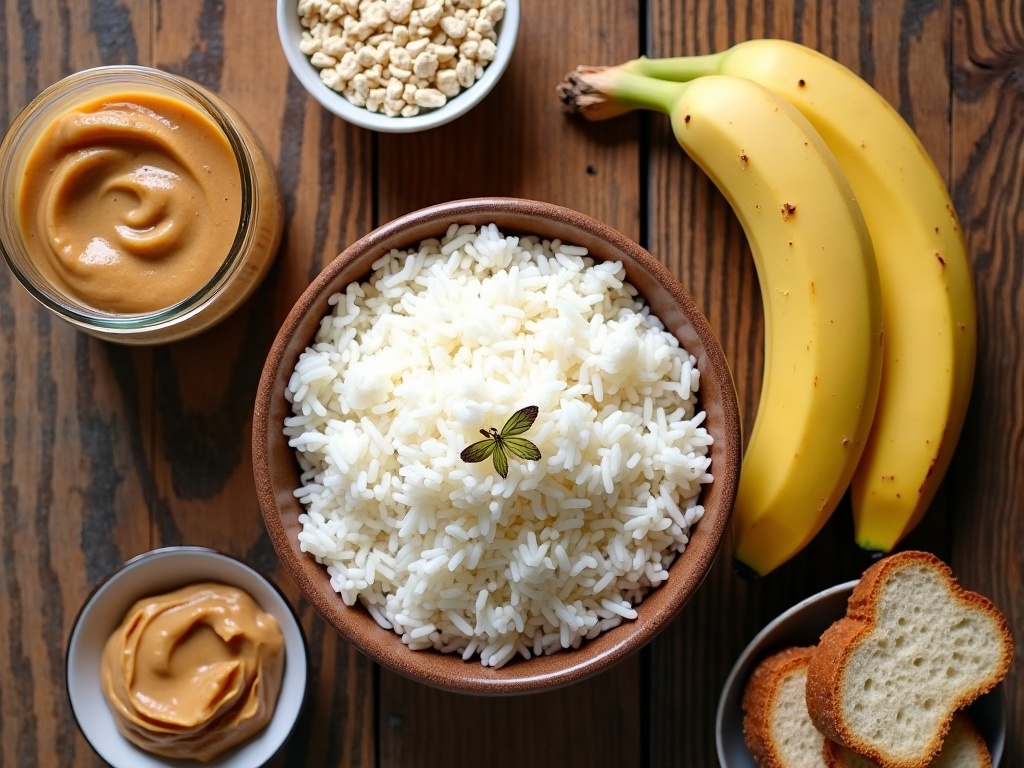 Foods that naturally thicken ostomy output: white rice, banana, applesauce, peanut butter, toast