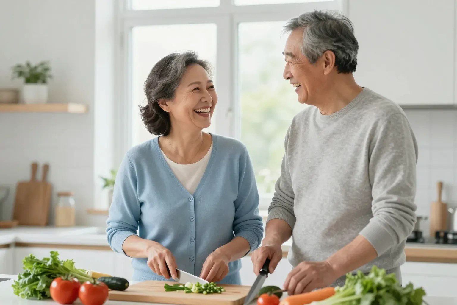 An older couple laughs together while chopping fresh vegetables in a bright kitchen