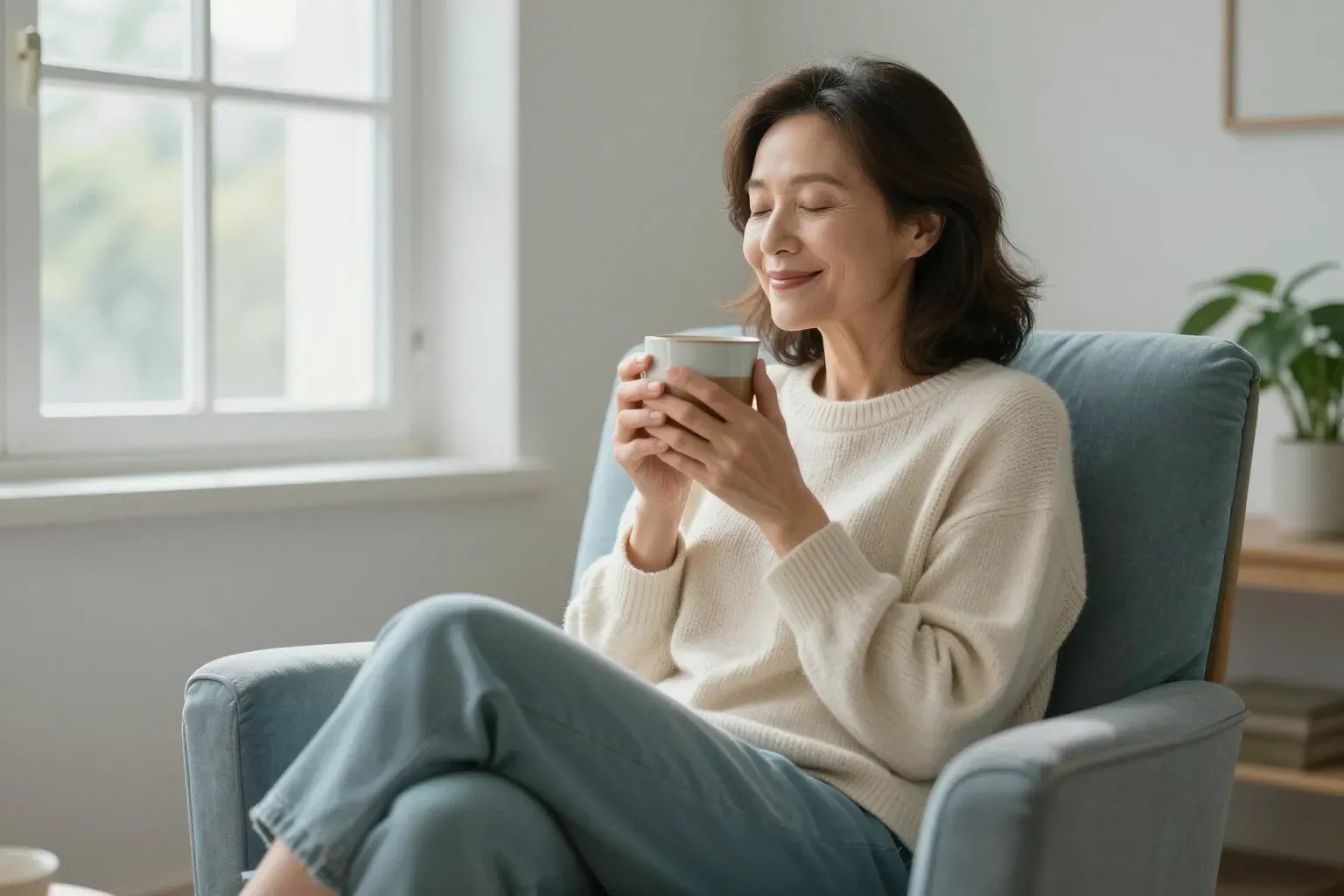 A woman relaxes in a soft armchair by a sunny window, eyes closed, holding a warm mug of tea